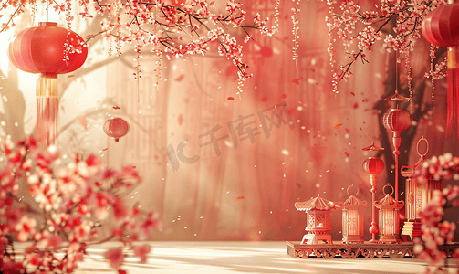 绣球大红花摄影照片_亚洲人中式古典婚礼