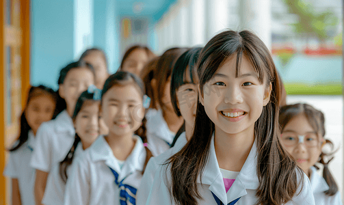 t恤女摄影照片_亚洲人小学生和女老师在一起