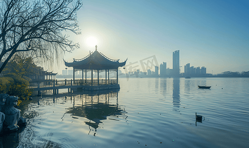 平静的图片摄影照片_苏州金鸡湖风光