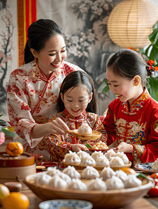 包饺子儿童摄影照片_亚洲人幸福家庭过年包饺子