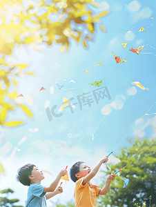 秋天人摄影照片_亚洲人快乐的小朋友在公园里放风筝