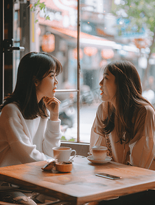 亚洲杯摄影照片_亚洲人年轻闺蜜在咖啡馆聊天