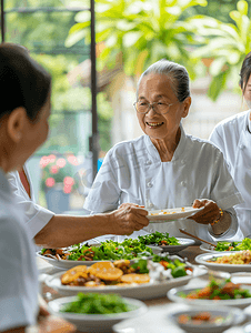 病房吃饭摄影照片_亚洲人护士照顾老年人用餐