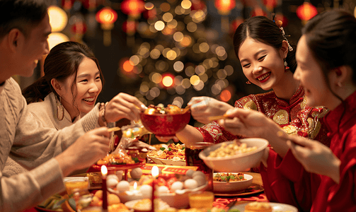 老年人摄影照片_亚洲人幸福家庭过年吃团圆饭