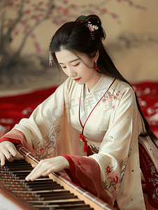 古代弹奏乐器摄影照片_穿中国传统服饰的女性弹奏古琴