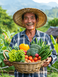 辣椒种植摄影照片_亚洲人兴奋的农民拿着一筐蔬菜