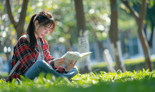 坐在校园草坪上看书的女学生