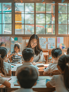 亚洲人女教师和小学生们在教室里