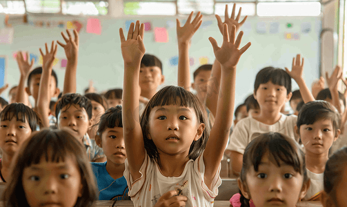 课堂举手摄影照片_亚洲人课堂上的小学生积极举手回答问题