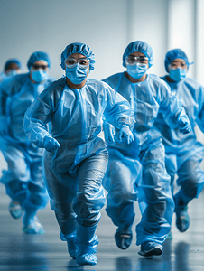 亚洲人穿着防护服奔跑的医疗团队