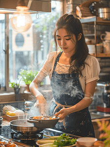 厨房欢乐摄影照片_亚洲人青年女人在厨房里做饭