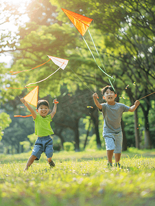 黄色的游戏摄影照片_亚洲人快乐的小朋友在公园里放风筝