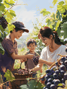 亚洲人幸福家庭在采摘葡萄