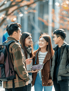 耳麦摄影照片_亚洲人四个大学生在校园里聊天