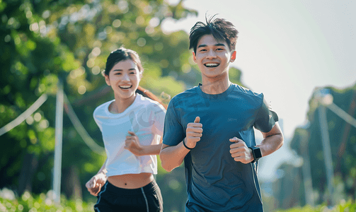 成年人目标感摄影照片_亚洲人青年情侣户外慢跑