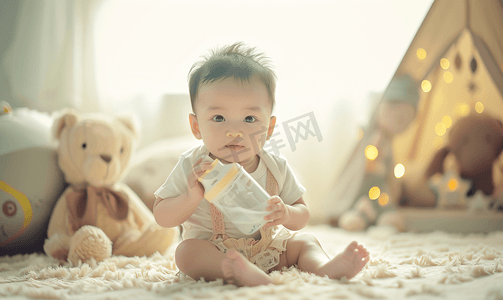 婴儿抱奶瓶宝宝