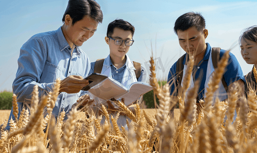 休闲农业摄影照片_亚洲人科研人员和农民在麦田里交流技术