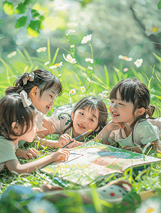 黄色草地摄影照片_亚洲人可爱的小朋友们趴草地上画画人物