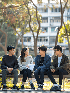 亚洲人四个大学生在校园里聊天
