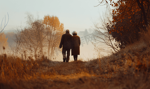 老年人摄影照片_老年夫妇早晨户外散步背影