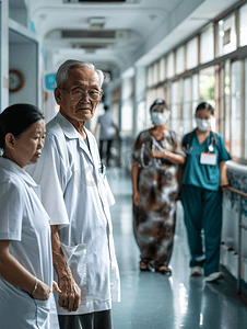 亚洲人病房内护士照顾生病的老人