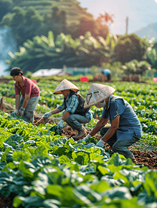 亚洲人科研人员和农民在菜地里交流技术