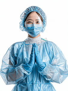 冠状病毒表现摄影照片_亚洲人穿防护服的医护人员做爱心手势