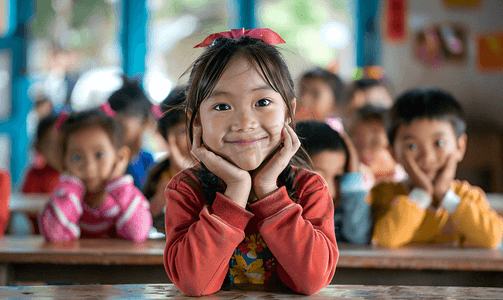 儿童学生学习上课摄影照片_亚洲人乡村小学里的小学生