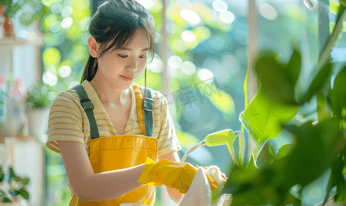 亚洲人青年女人打扫房间