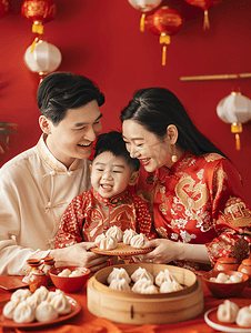 新年包饺子摄影照片_亚洲人快乐家庭过新年包饺子