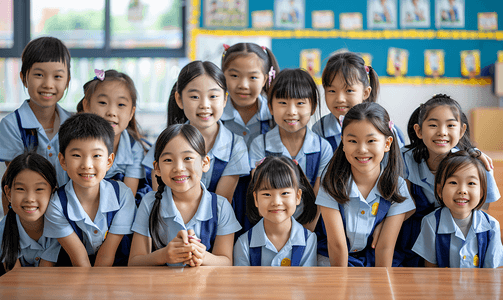 t恤女摄影照片_亚洲人小学生和女老师在一起