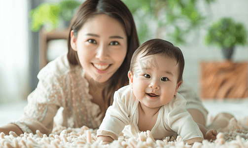 婴儿期摄影照片_亚洲人妈妈陪宝宝玩耍