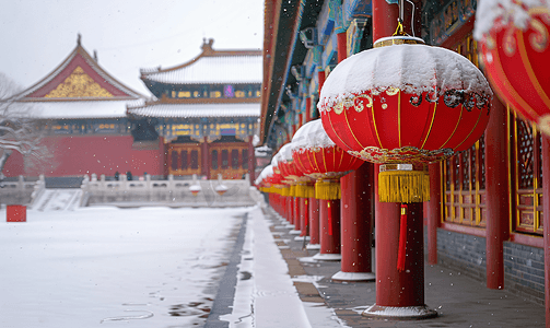 中国风小寒背景摄影照片_北京故宫红灯笼之雪