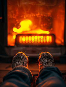 暖炉摄影照片_使用取暖器温暖手脚特写