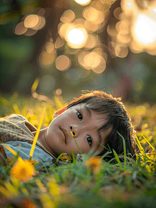 知识星球摄影照片_亚洲人可爱的小男孩躺在草地上