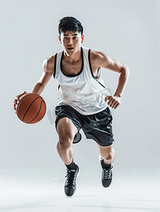 篮球场木地板摄影照片_亚洲人青年男人打篮球