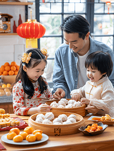 过年包饺子摄影照片_亚洲人幸福家庭过年包饺子