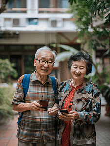 手机聊天摄影照片_亚洲人老年夫妇在庭院使用手机