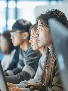 教育直播摄影照片_亚洲人学生看着电脑在线学习