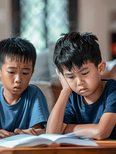 垂头丧气摄影照片_亚洲人小学男生被数学题难住