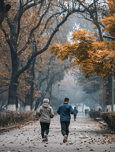 跑步图片摄影照片_老年夫妇公园晨跑背影