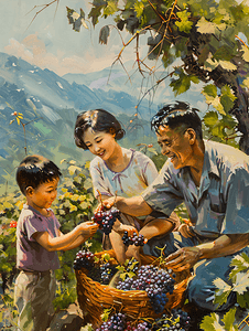 春游家庭摄影照片_亚洲人幸福家庭在采摘葡萄