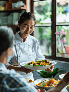 工作服摄影照片_亚洲人护士照顾老年人用餐