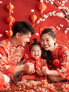 中式新年摄影照片_亚洲人幸福的大家庭贴春联庆祝新年