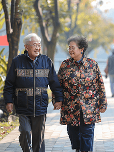 亚洲人老年夫妇在公园里散步