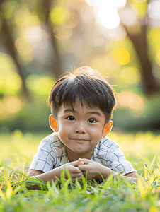 亚洲人可爱的小男孩躺在草地上