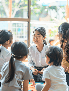 亚洲人年轻老师和小学生们讨论问题