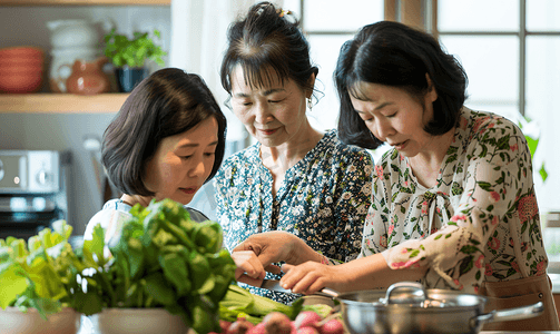 煲汤摄影照片_亚洲人年轻妈妈和女儿在厨房