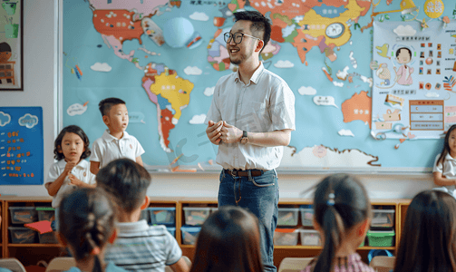 不手势摄影照片_亚洲人年轻的英语老师给小学生上课2