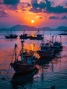 夏天简约摄影照片_夕阳下的渔船